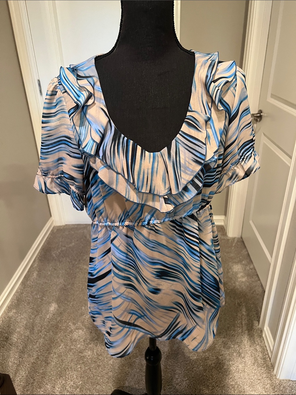 NY Collection Blue and White Ruffle V-Neck Tunic Top